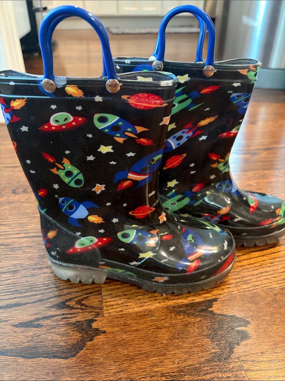 Kids Space Rocket Rain & Snow Boots - Black with Multicolor Rockets - light up!!